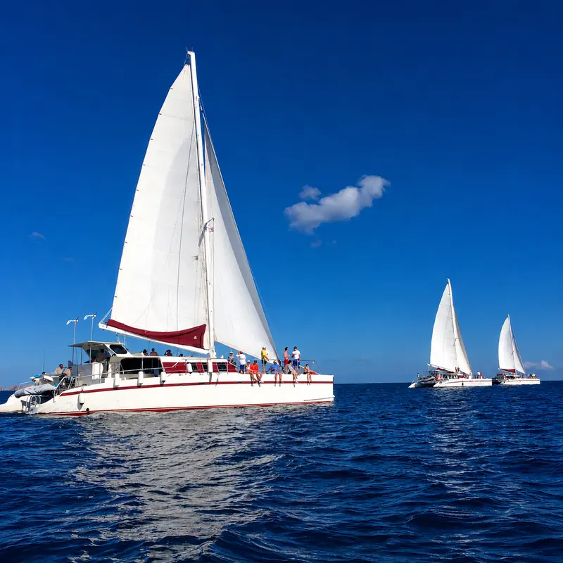 White sailing catamaran with guests on deck on deep blue Pacific water off Tamarindo, Costa Rica