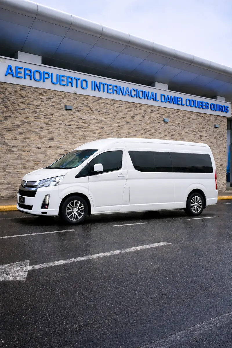 White private transfer van at Liberia airport (LIR) for private airport transfers to Tamarindo and Guanacaste