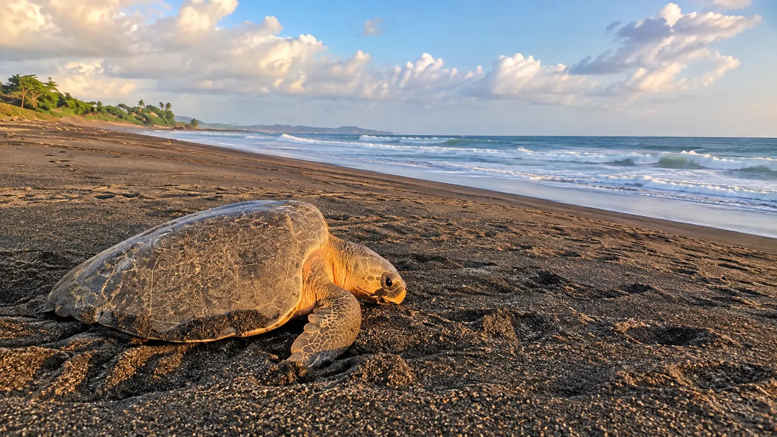 Sea turtle on dark sand beside the surf at sunset on the Guanacaste coast